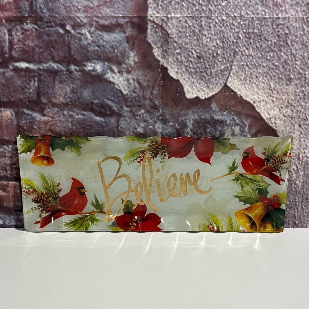 Christmas Poinsettia & Cardinal "Believe" Glass Serving Tray Rectangular Display